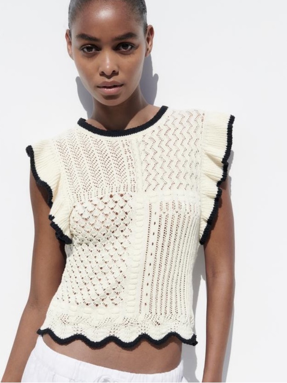 Zara Crocheted Ruffle Crop Top Combination Knit Contrasting Black Trim Ecru